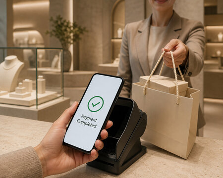 Cashless Mobile Phone Checkout at Luxury Jewelry Boutique Counter with Copy Space