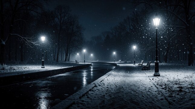 Night park alley in winter snow with glowing street lamps. Dark silhouettes of trees line wet path covered by fresh flakes. Empty benches stand along frozen road under soft light. Cold weather scene