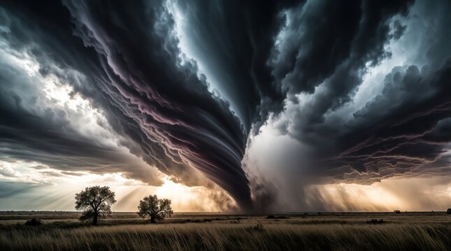 Dark vortex tornado touches down over flat grassy rural field. Huge rotating funnel cloud hangs from black stormy sky above horizon. Intense weather event brings heavy rain wind, natural disaster