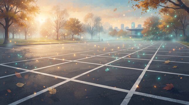 Empty car parking lot with road markings in autumn &ndash; World Car-Free Day