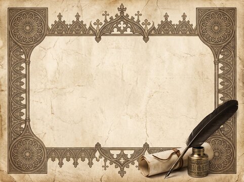 Vintage parchment paper background, with gothic style, border frame and, an old quill, pen with an, inkwell and a, rolled scroll on, the bottom right