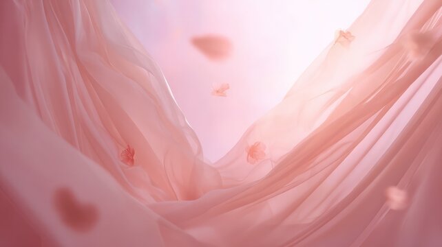 Delicate pink fabric and petals in soft breeze. Artificial intelligence image