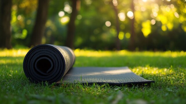 Yoga mat on sunlit grass with blurred trees. Artificial intelligence image