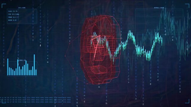 Digital Human Face Wireframe with Data Visualization and Financial Charts on Dark Blue Background