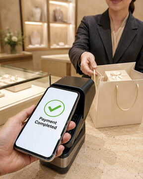 Vertical Shot of Contactless Phone Payment in Modern Jewelry Boutique with Copy Space