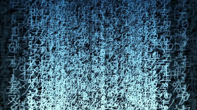 Abstract digital rain of blue glowing characters and numbers falling on a dark background