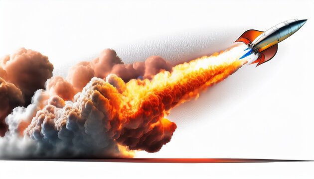fiery rocket exhaust plume with smoke isolated on white background trail of smoke with a fiery tip row isolated on white background