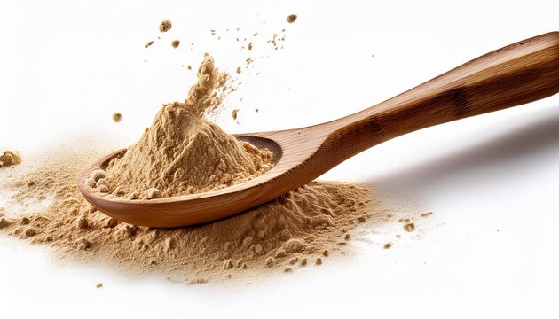 wooden spoon with powder splashing isolated on white background wooden spoon with maca powder spilling onto surface isolated on white background
