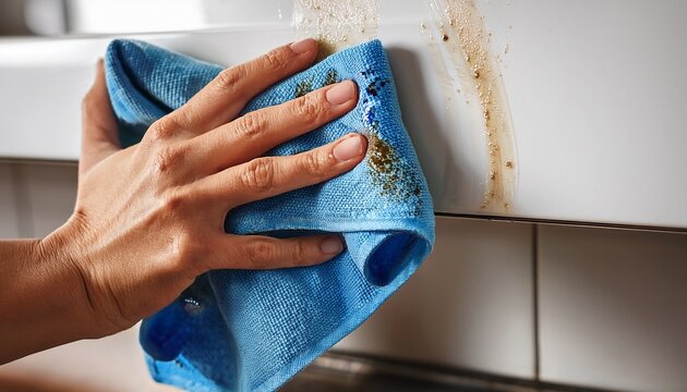 grimy kitchen backsplash being scrubbed with blue cloth
