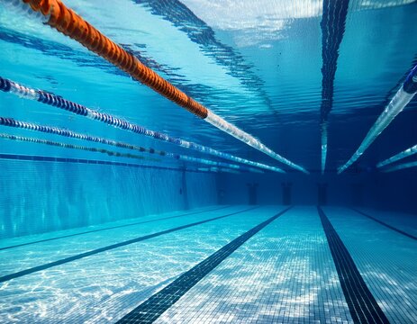 underwater view of a brightly lit swimming pool with tiled lanes and lane markers
