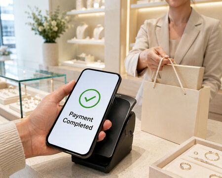 Customer Completing Cashless Mobile Purchase in Exclusive Jewelry Store with Copy Space