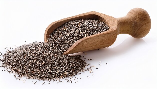 wooden scoop filled with chia seeds spilling isolated on white background scoop of chia seeds isolated on white background
