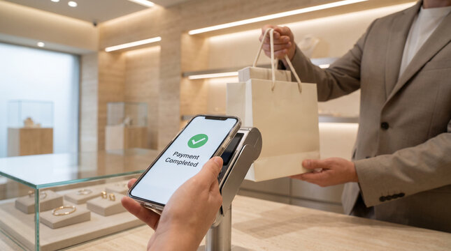 Smart Phone Contactless Payment at Checkout in Luxury Jewelry Boutique with Copy Space
