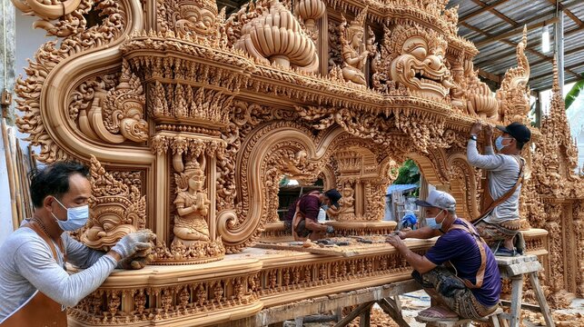 AI generator images of Thai artisans are assembling a magnificent ceremonial arch using intricately carved wooden panels, traditional craft executed by skilled master carvers.