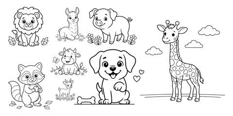 Naklejka premium Set of cute cartoon animals for coloring book page for kids with lion llama pig giraffe