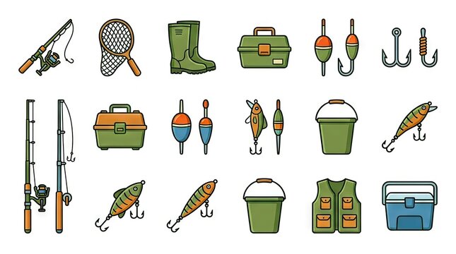 Colorful outdoor fishing equipment and accessory icon set.