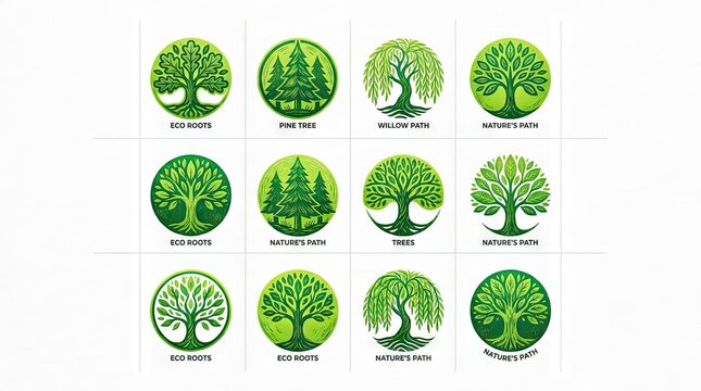 Eco friendly tree logos for environmental and nature branding.