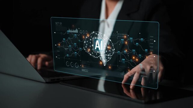 AI neural network and data processing system visualizing artificial intelligence with brain structure, chip, and connected data blocks for computation and learning Marrow