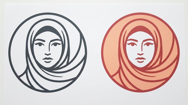 Stylized line art portrait of woman in hijab with portrait headscarf identity