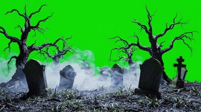 Spooky graveyard with dead trees and tombstones on green screen background