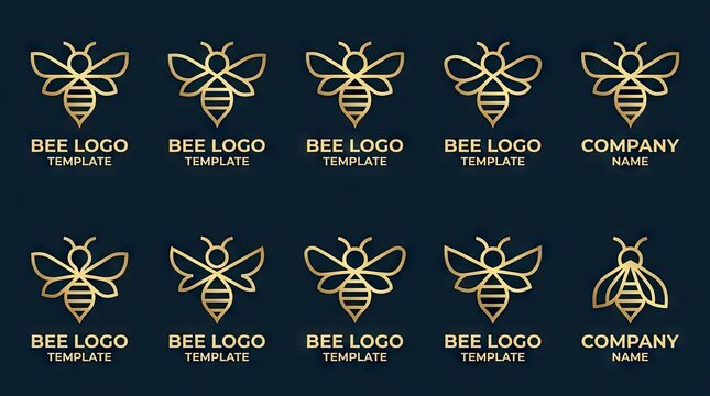 Golden line art honey bee logo design templates.