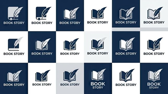 Grid of book story logos with quill icons.