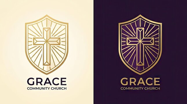 Grace Community Church golden shield logo variations.
