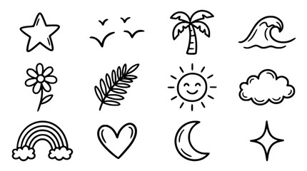 Obraz premium Hand drawn summer doodle icon set featuring palm tree ocean wave smiling sun rainbow cloud flower birds stars heart and moon vector symbols