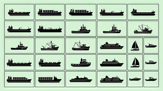Industrial cargo ship silhouettes and vessel grid