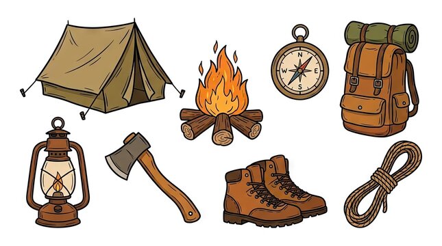 Illustrated vintage camping and hiking equipment.
