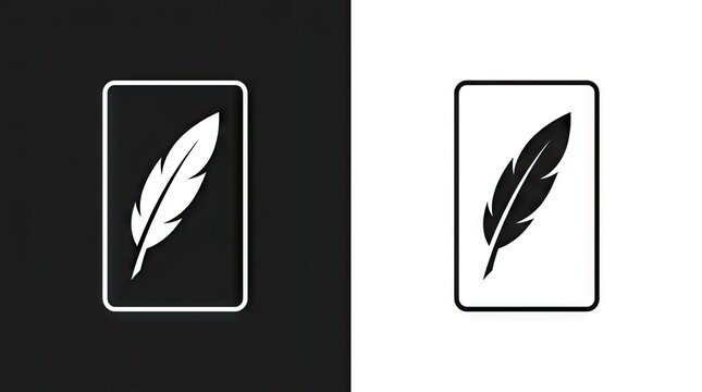 Minimalist feather logos in black and white frames.