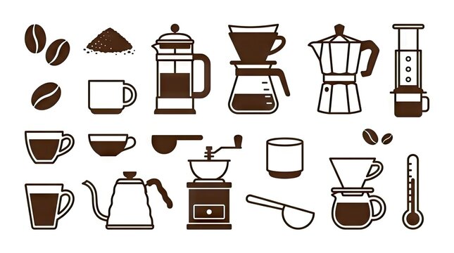 Minimalist coffee preparation and brewing method icons.