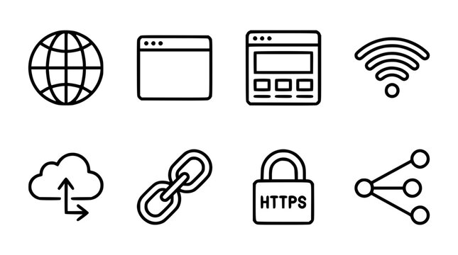 Web Network and Internet Technology Line Icon Set Featuring Globe Browser Window Wireless Wifi Cloud Data Link Secure Https Padlock and Node Network Vector Elements