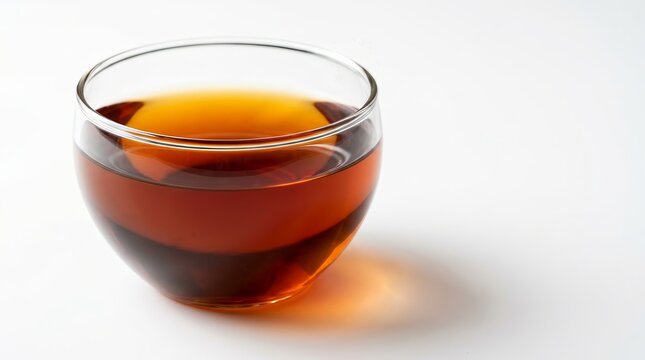 Hot black tea in a clear glass cup isolated on a clean white background for refreshment ads.