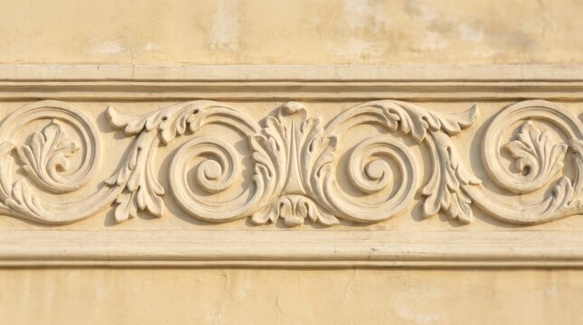 Decorative stucco relief showing intricate acanthus leaf designs and scrolls.