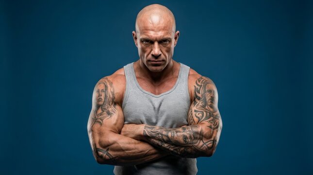 Intense portrait of a muscular bald man with arm tattoos in a grey tank top.