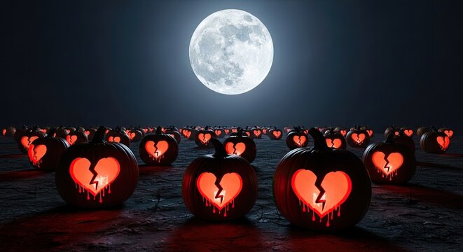Night scene of numerous pumpkins with broken heart symbols under a full moon