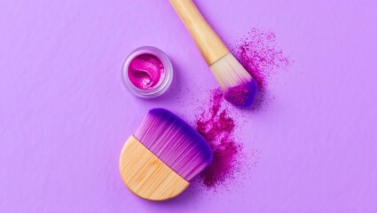 Naklejka premium Makeupbrusheswithpinkpowderonvioletflatlaybeautyproductphotographyforcosmeticadvertisingandpromotion