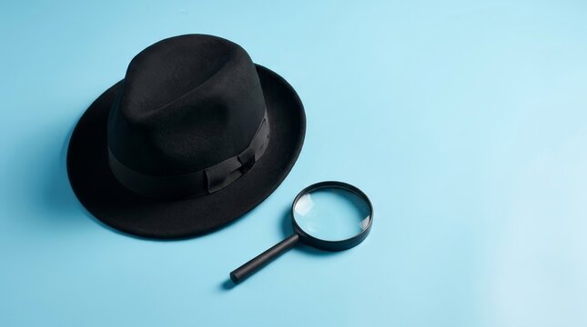 A black fedora hat and magnifying glass representing research, detective work, and mystery on blue.