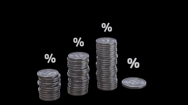 Silver coin stacks growing as bar graph with rising percentage signs on solid black background, 4K loop animation of interest rate increase, investment yield, inflation, and financial growth