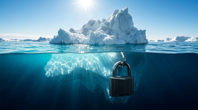 Large iceberg in vast ocean expanse with a submerged lock representing hidden data security.