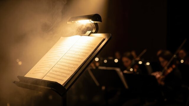 Music stand lit with focused light, fog obscures background musicians with instruments