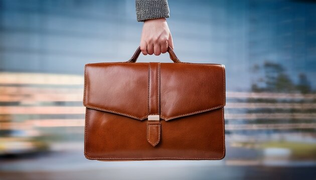 hand holding a brown leather briefcase