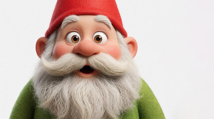 Obraz premium Close up of a garden gnome with wide eyes and an open mouth, wearing a red hat and green sweater. This cartoon character expresses surprise on a white background.