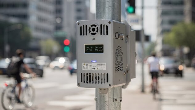 Detailed view of a street pole sensor detecting particulate matter crisp focus on sensor with blurred urban environment demonstrating realtime pollution data collection.
