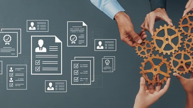 Hands Holding Gears with Documents and Checklists Representing Recruitment, Hiring Process, and Organizational Development. Entropy.