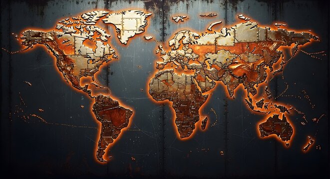 Glowing world map on rustic metal background, industrial style global geography concept.