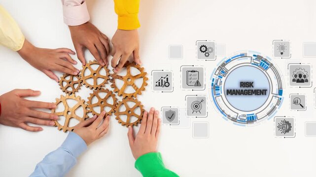 Collaborative Teamwork In Risk Management With Wooden Gears And Digital Icons Symbolizing Strategic Planning And Decision Making In Business Context Sigmoid