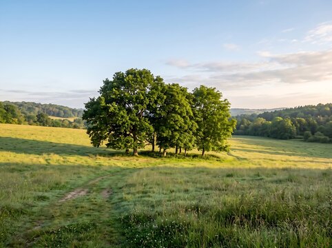 Tranquil morning landscape with a cluster of large green trees in a sunlit grassy field