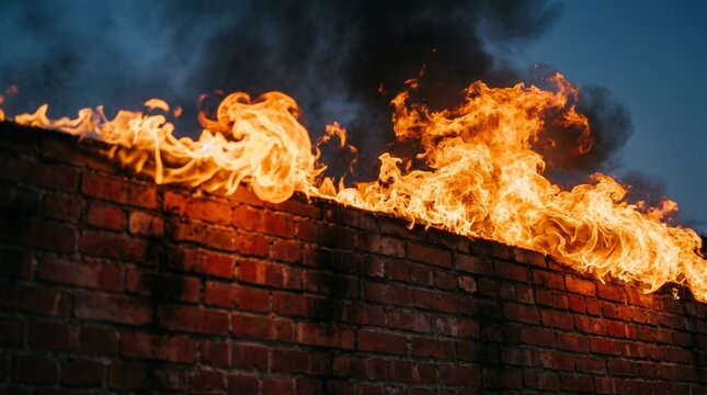 Dramatic scene of intense fire and destruction burning along a weathered brick wall.